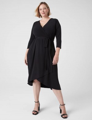 Lane Bryant 3/4-Sleeve High-Low Jersey Women Midi Dress Black | WMC9711DW