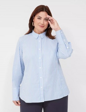 Lane Bryant Button-Down Stripe Girlfriend Women Shirts Light Blue Stripes | OZO6499UF