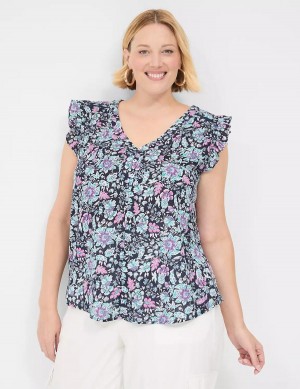 Lane Bryant Cap-Sleeve Woven & Knit Top Women T Shirts Navy | FYE179UQ