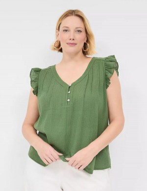 Lane Bryant Cap-Sleeve Woven & Knit Top Women T Shirts Brown Green | TYZ6263KI