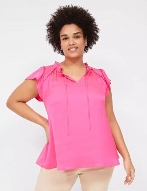 Lane Bryant Cap Flutter-Sleeve Satin & Knit Top Women T Shirts Pink | ZUM8571BL