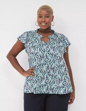 Lane Bryant Cap Flutter-Sleeve Satin & Knit Top Women T Shirts Navy | JYH10041HX