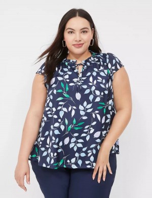 Lane Bryant Cap Flutter-Sleeve Satin & Knit Top Women T Shirts Navy | UXD7548JE