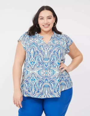 Lane Bryant Cap Flutter-Sleeve Satin & Knit Top Women T Shirts Blue | USI9474EL