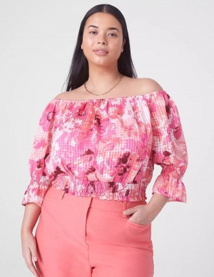 Lane Bryant Classic Crop Off-The-Shoulder Chiffon Top Women Tank Top Pink | PIR2225UR