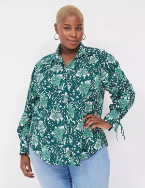 Lane Bryant Collared Button-Front Tie-Cuff Women Blouse Green Multicolor | YKS5624MW