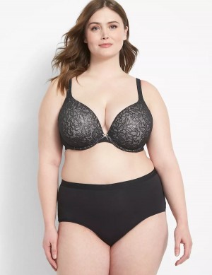 Lane Bryant Cotton Boost Plunge With Lace Women Bralettes Black | SUG1337XK