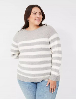 Lane Bryant Crew-Neck Button-Shoulder Striped Women Sweaters Brown | IPS3356ZL