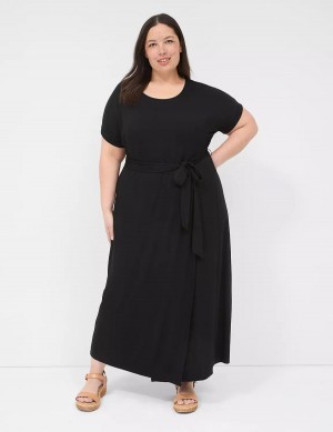 Lane Bryant Crew-Neck Faux-Wrap Jersey Women Midi Dress Black | GPT9271JU