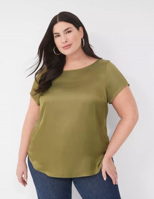 Lane Bryant Crew-Neck Satin & Knit Top Women T Shirts Green | PFL8763RG