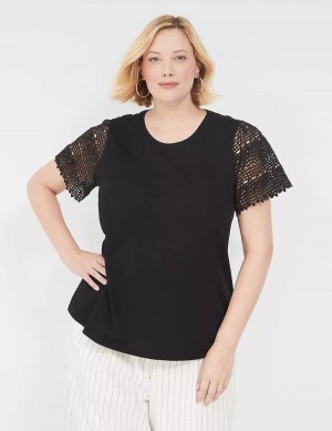 Lane Bryant Crochet-Sleeve Crew-Neck Tee Women T Shirts Black | BWQ424ZP