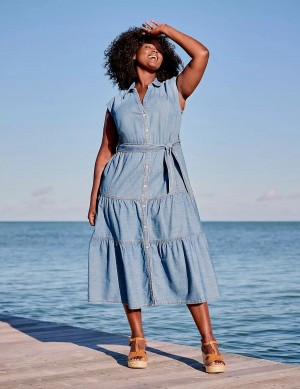 Lane Bryant Denim Tiered Women Midi Dress Blue | RQC1454QV