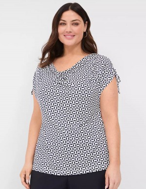 Lane Bryant Drawcord Cap-Sleeve Drape-Neck Top Women T Shirts Navy | JBW5875AK