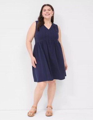 Lane Bryant Easy Swing Eyelet-Bodice Women Casual Dress Blue | OMM1780HM