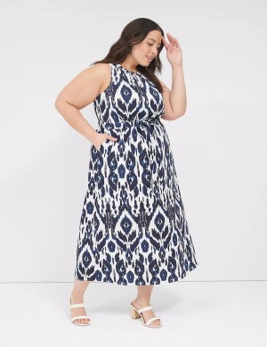 Lane Bryant Elastic-Neck Tie-Waist Women Midi Dress Navy | OQI589IX