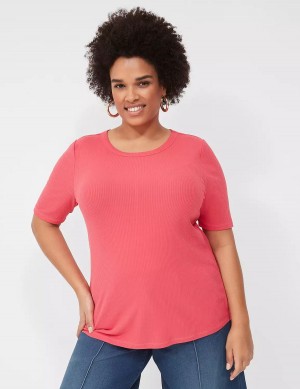 Lane Bryant Elbow-Sleeve High Crew-Neck Rib Top Women T Shirts Pink | MDH9666IM