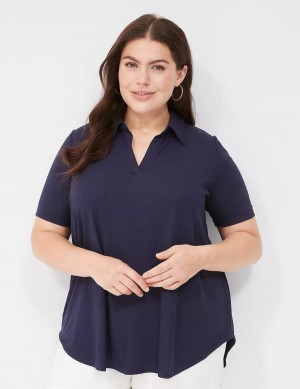 Lane Bryant Elbow-Sleeve Split-Neck Swing Polo Top Women T Shirts Blue | KJI46BE