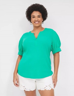 Lane Bryant Elbow-Sleeve Split-Neck Top Women T Shirts Turquoise | NUI3169TB