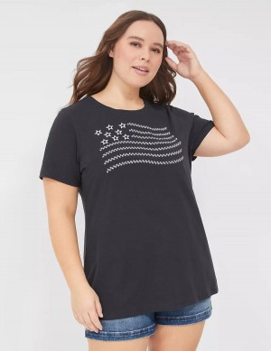 Lane Bryant Embroidered Flag Graphic Tee Women T Shirts Black | ZLF2972CW