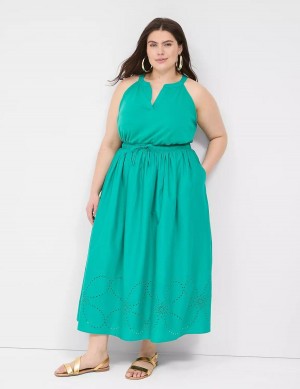 Lane Bryant Eyelet-Detail Split-Neck Women Maxi Dress Light Turquoise | YEG5384RE