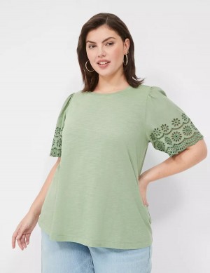 Lane Bryant Eyelet-Sleeve Crew-Neck Knit Tee Women Tank Top Light Green | PDD7427RA