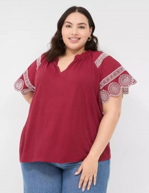 Lane Bryant Eyelet Short-Sleeve Knit Top Women T Shirts Deep Red | RBR4310IP