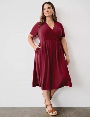 Lane Bryant Faux-Wrap Jersey Women Midi Dress Deep Red | CSM3587NA