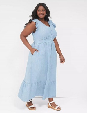 Lane Bryant Flutter-Sleeve Button-Front Denim Women Maxi Dress Blue Stripes | VXZ6515JQ