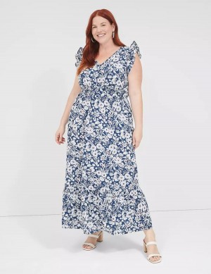 Lane Bryant Flutter-Sleeve Button-Front Women Maxi Dress Blue | DNB2892BU