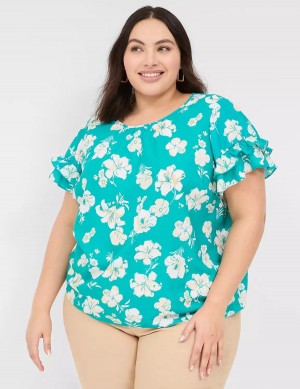 Lane Bryant Flutter-Sleeve Crew-Neck Top Women T Shirts Turquoise | ZMX1354NS