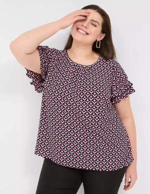 Lane Bryant Flutter-Sleeve Crew-Neck Top Women T Shirts Pink Navy | FMM9633RL