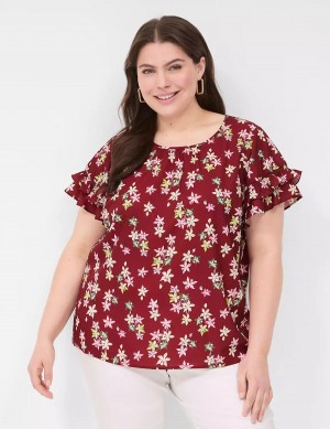 Lane Bryant Flutter-Sleeve Crew-Neck Top Women T Shirts Red Multicolor | ROT931MT