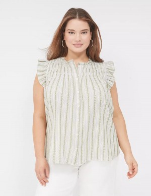 Lane Bryant Flutter-Sleeve Ruffle-Neck Women Blouse Green Stripes | RHQ7038SC