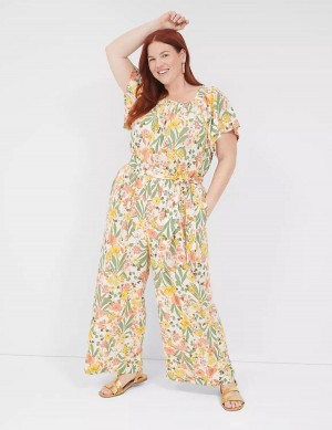 Lane Bryant Flutter-Sleeve Smocked-Neck Wide Leg Women Jumpsuit Yellow Multicolor | SMP7045QH