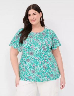 Lane Bryant Flutter-Sleeve Smocked Top Women T Shirts Light Turquoise | SOR3958LO