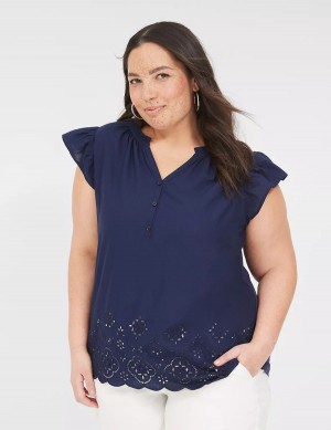 Lane Bryant Flutter-Sleeve Woven-Front Knit Top Women T Shirts Blue | DIA5943JI