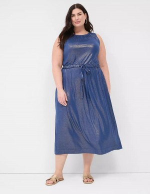 Lane Bryant Foil Shimmer Tie-Waist Women Midi Dress Dark Blue | XWV7999QC