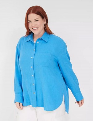 Lane Bryant Gauze Button-Down Beach Top Women Shirts Blue | RAF9977ES