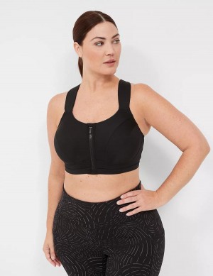 Lane Bryant LIVI Max Support Comfort Zip-Front Women Sports Bra Black | EXX7524FP