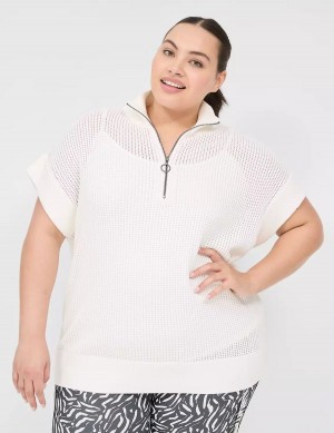 Lane Bryant LIVI Short-Sleeve Half-Zip Mesh Women Sweaters White | AWF5736WC