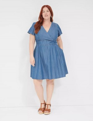 Lane Bryant Lena Denim Surplice-Neck Level-Hem Women Casual Dress Blue | WEH5780OD