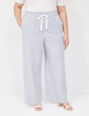 Lane Bryant Linen Stripe Wide Leg Women Pants Blue Stripes | HCH184HY