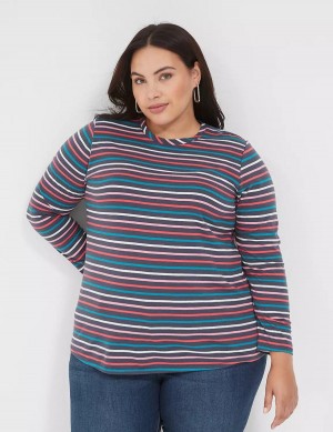 Lane Bryant Long-Sleeve Crew-Neck Tee Women T Shirts Navy Multicolor Stripes | IZW1612AX