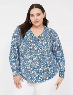 Lane Bryant Long-Sleeve V-Neck Women Blouse Blue | XNX3188YI