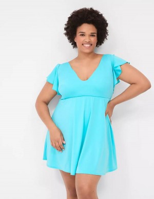 Lane Bryant No-Wire Flutter-Sleeve Swim Women Dress Blue | GZX6089SN