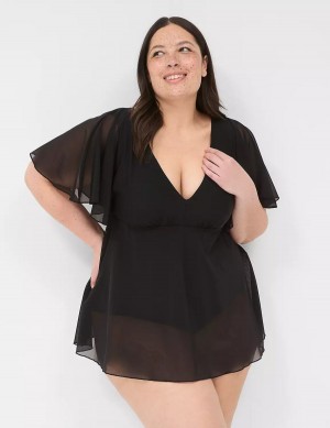 Lane Bryant No-Wire Flutter-Sleeve Swim Women Dress Black | OFL1539VJ