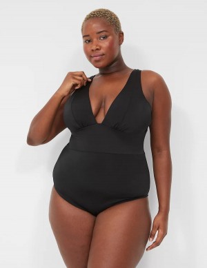 Lane Bryant No-Wire Plunge One-Piece Women Swimsuits Black | CCI5455BC