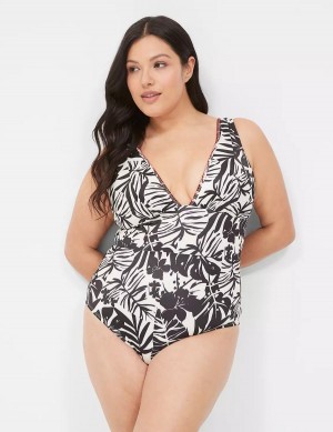 Lane Bryant No-Wire Plunge One-Piece Women Swimsuits White Black | QCM3785AC