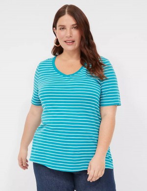 Lane Bryant Perfect Sleeve V-Neck Tee Women T Shirts Turquoise Stripes | ULP8779TX