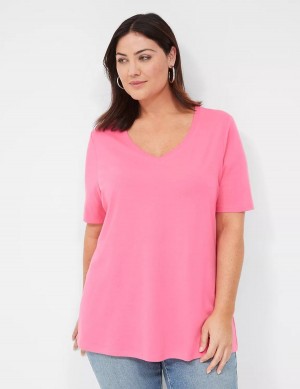 Lane Bryant Perfect Sleeve V-Neck Tee Women T Shirts Fuchsia | EDM4832TK